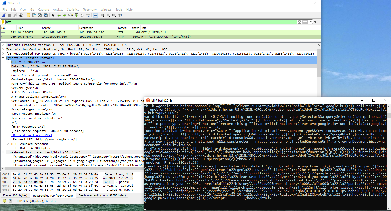 A Wireshark trace of an HTTP response