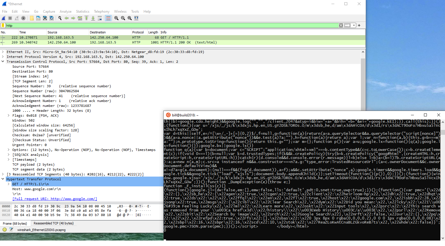 A Wireshark trace of an HTTP request